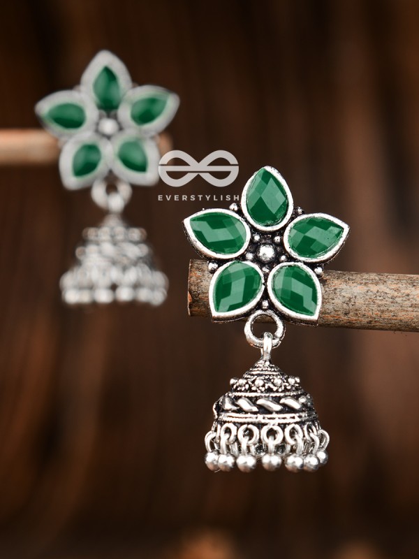 The Glimmering Floral Little Jhumkis (Emerald Green) - The Embellished Oxidised Collection