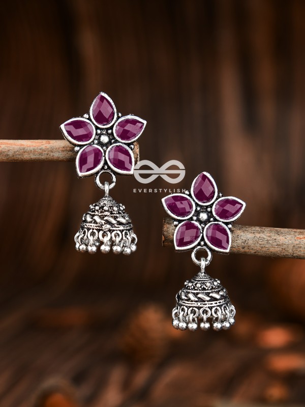 The Glimmering Floral Little Jhumkis (Ruby Red) - The Embellished Oxidised Collection