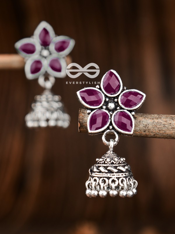 The Glimmering Floral Little Jhumkis (Ruby Red) - The Embellished Oxidised Collection