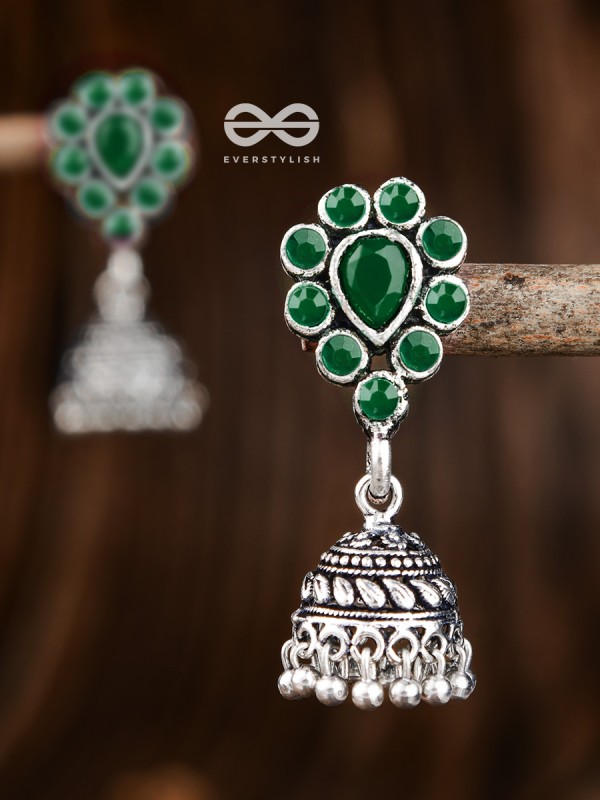 The Shimmery Droplet Jhumkis (Emerald Green) - The Embellished Oxidised Collection