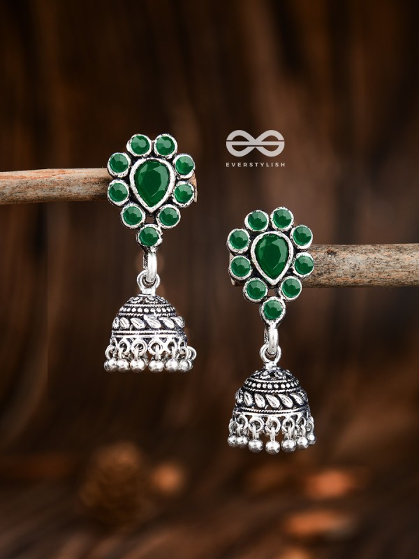 The Shimmery Droplet Jhumkis (Emerald Green) - The Embellished Oxidised Collection