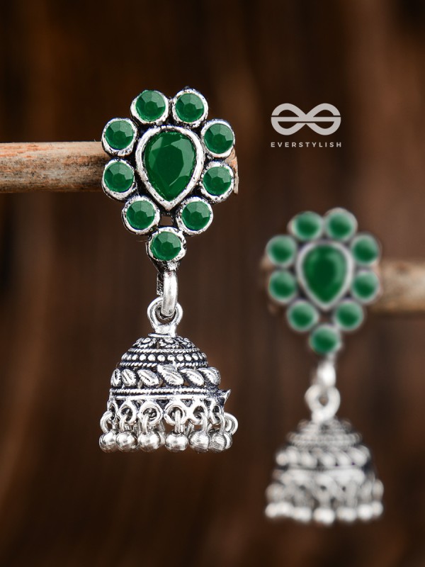 The Shimmery Droplet Jhumkis (Emerald Green) - The Embellished Oxidised Collection
