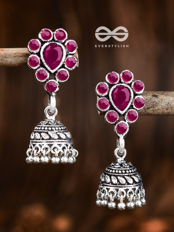 The Shimmery Droplet Jhumkis (Ruby Red) - The Embellished Oxidised Collection