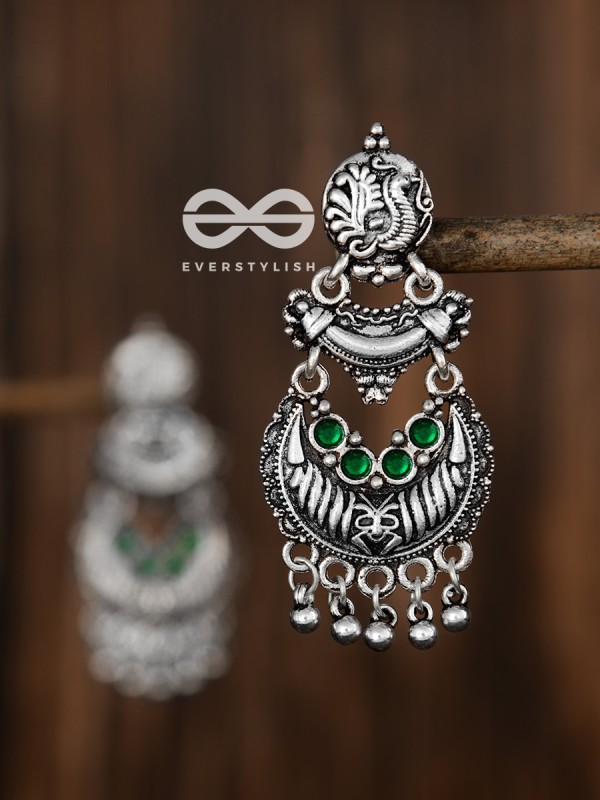 The Artistic Triple Layered Danglers (Emerald Green) - The Embellished Oxidised Collection