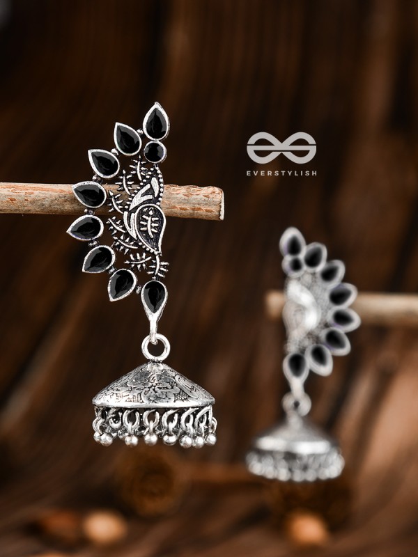 The Bohemian Elegance Floral Jhumkis (Onyx Black) - The Embellished Oxidised Collection