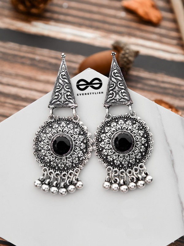 The Embellished Oxidised Collection - Intricate Geometry Earrings- Onyx Black