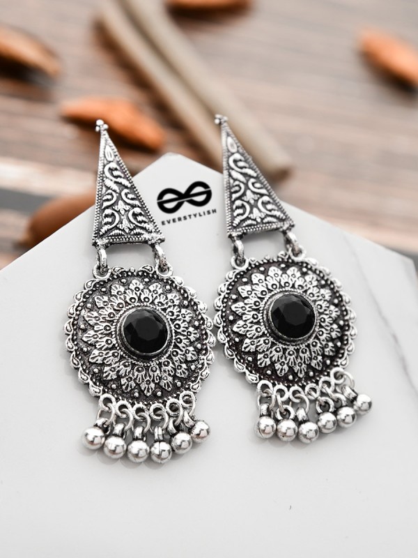 The Embellished Oxidised Collection - Intricate Geometry Earrings- Onyx Black