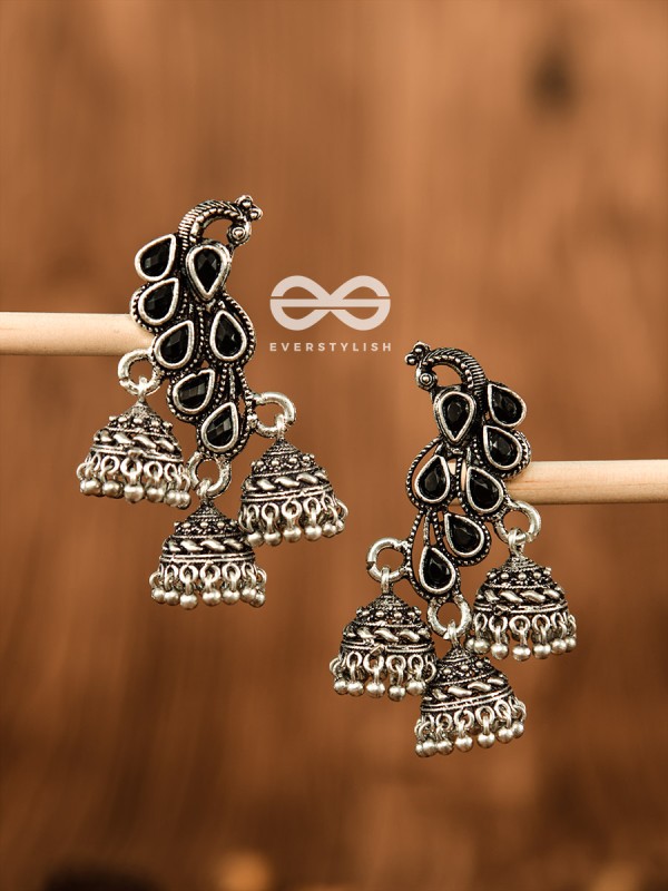 The Elegant Triple Jhumki Peacocks (Onyx Black) - Embellished Oxidised Collection