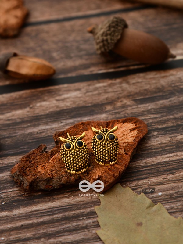 The Oxidised Owl Tiny Trinket Earrings - Golden