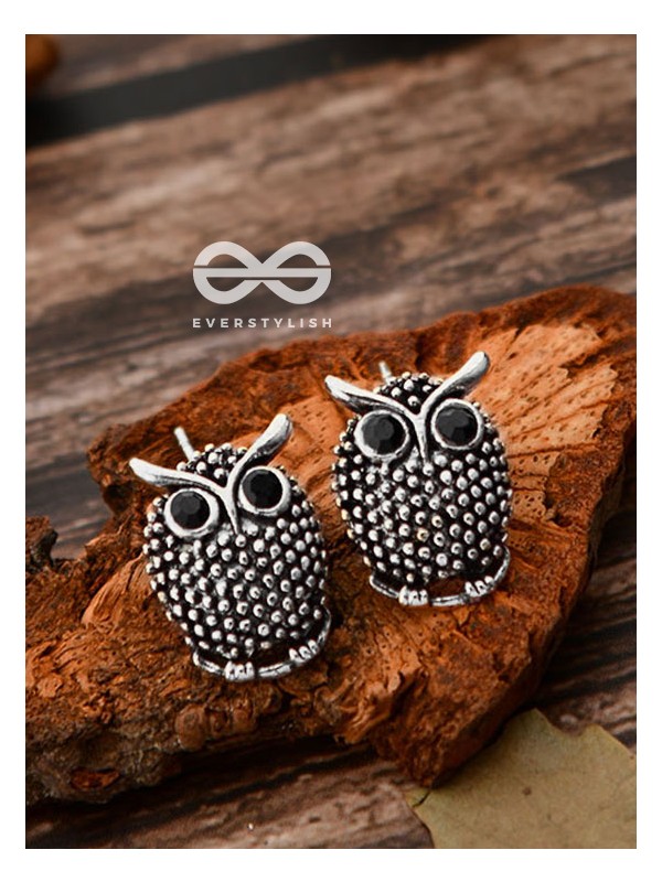 The Oxidised Owl Tiny Trinket Earrings - Silver