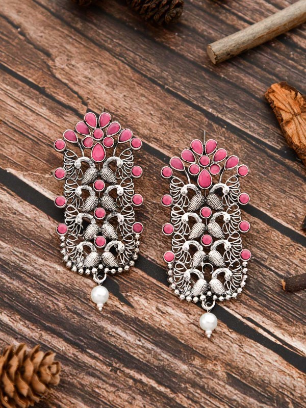 The Pretty Peacock Artwork - Oxidised Boho Earrings - Pink