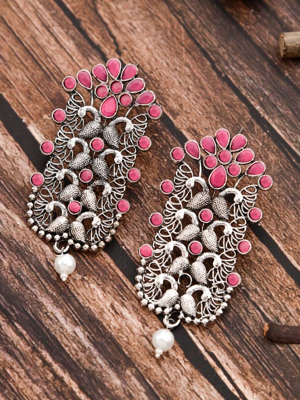 The Pretty Peacock Artwork - Oxidised Boho Earrings - Pink