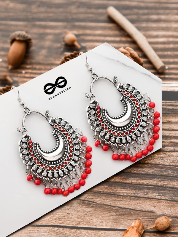The Motif Moon - Oxidised Chandbali Earrings (Red)