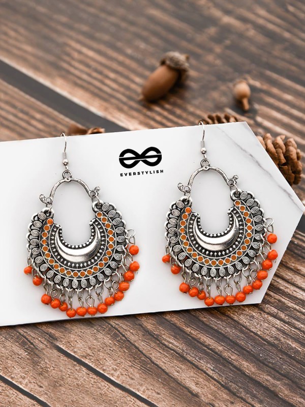 The Motif Moon - Oxidised Chandbali Earrings (Orange)