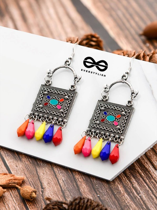 The Embellished Trunk - Oxidised Boho Earrings - Multicoloured Droplets