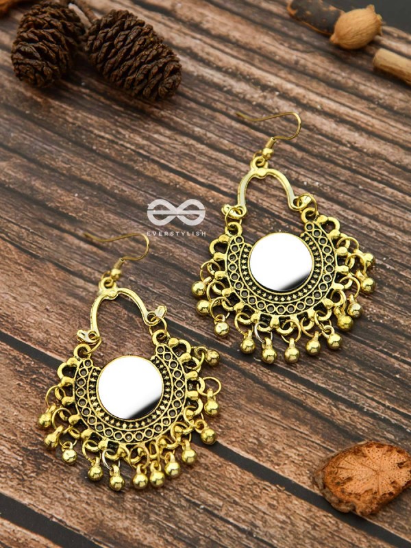 Motif Mirrors on My Ears - Oxidised Boho Earrings - Golden