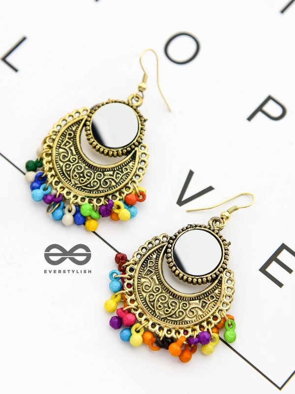 The Mirror Motifs- Oxidised Boho Earrings -Golden Multicolour