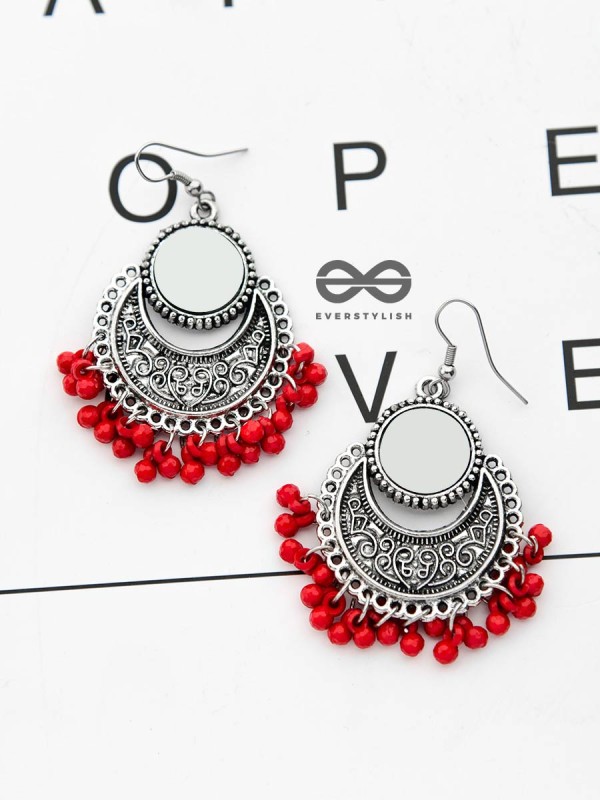 The Mirror Motifs - Oxidised Boho Earrings - Red
