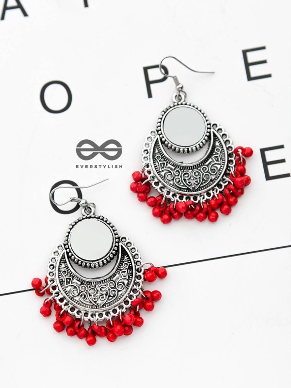 The Mirror Motifs - Oxidised Boho Earrings - Red