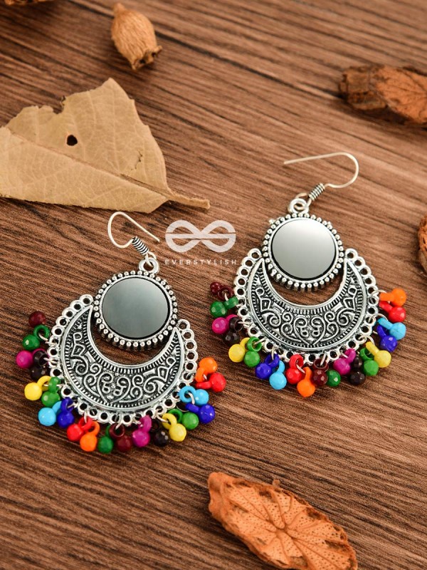 The Mirror Motifs- Oxidised Boho Earrings - Silver Multicolour