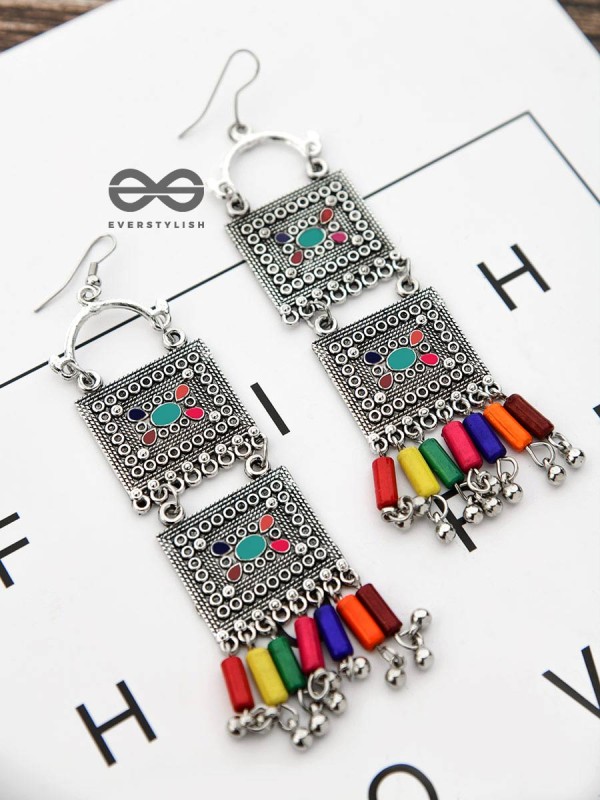 The Double Embellished Trunks - Oxidised Boho Earrings - Multicolour