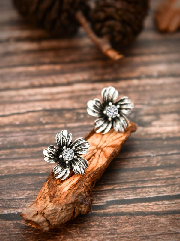 The Oxidised Boho Flower - Tiny Trinket Earrings