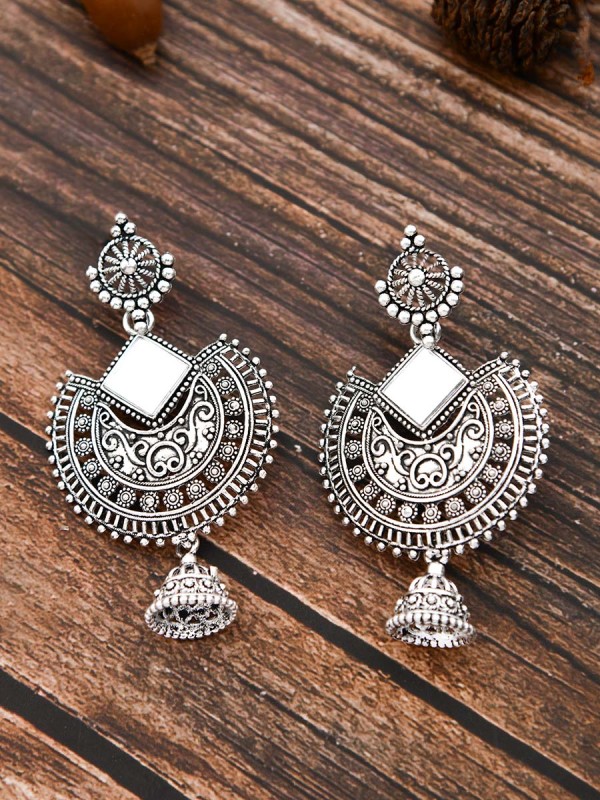 The Intricate Motif Mirror Work - Oxidised Boho Earrings