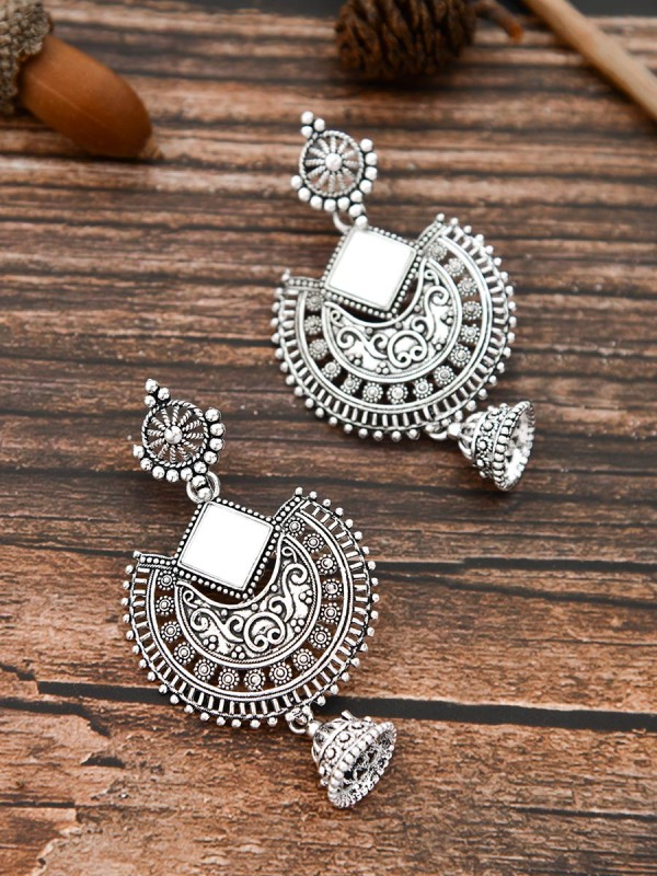 The Intricate Motif Mirror Work - Oxidised Boho Earrings