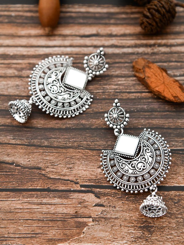 The Intricate Motif Mirror Work - Oxidised Boho Earrings
