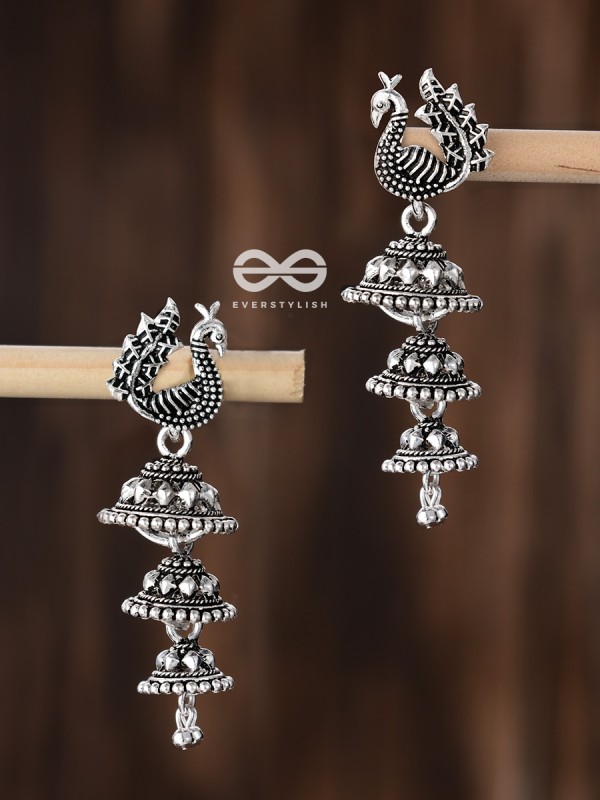 The Multilayered Peacock Jhumki - Oxidised Boho Earrings
