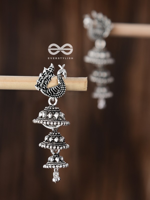 The Multilayered Peacock Jhumki - Oxidised Boho Earrings