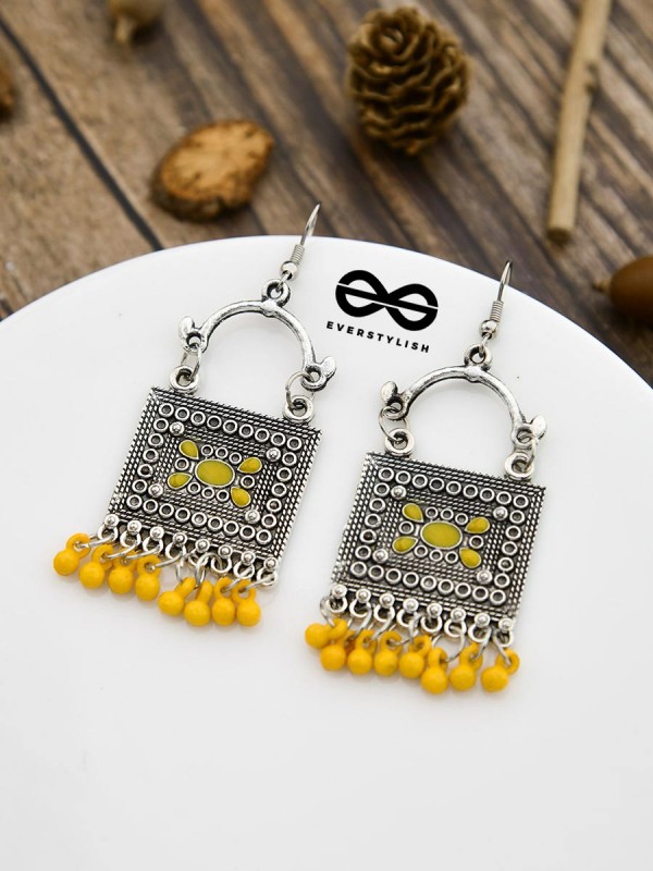 The Embellished Trunk - Oxidised Boho Earrings - Yellow