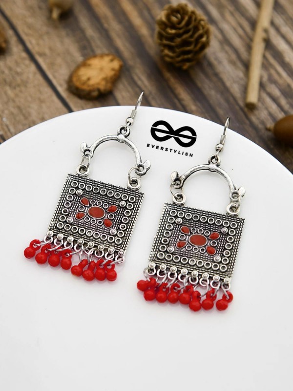 The Embellished Trunk - Oxidised Boho Earrings - Red