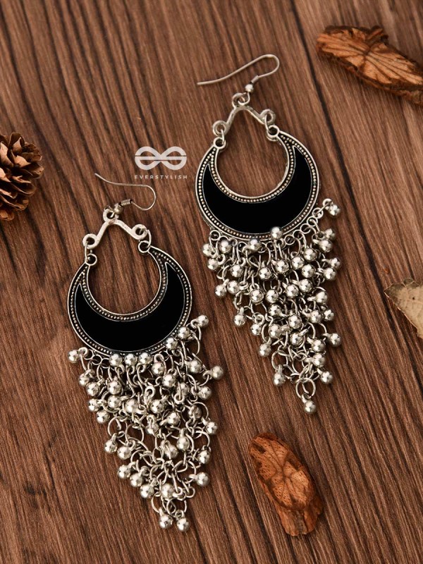 The Enamelled Moon Jhaalar (Black) - Oxidised Boho Earrings