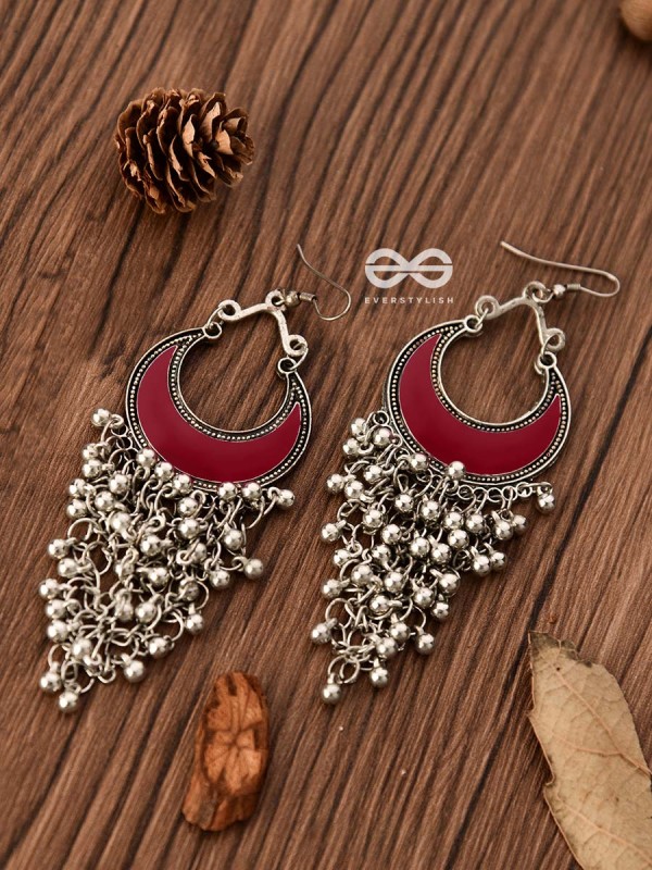 The Enamelled Moon Jhaalar (Red) - Oxidised Boho Earrings