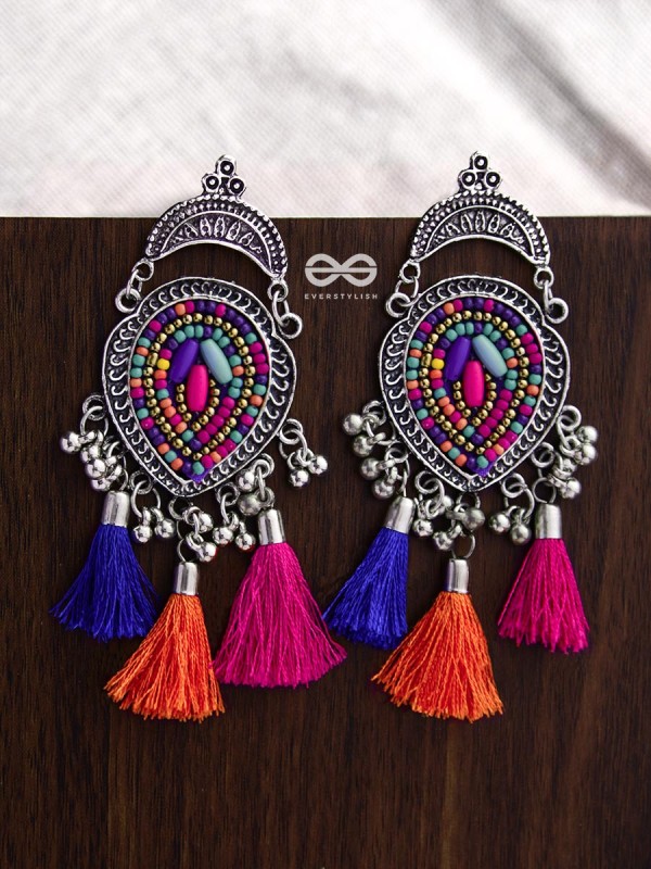 The Elegant Tasseled Statement Makers (Pink-blue Hues) - The Embroidered Oxidised Collection