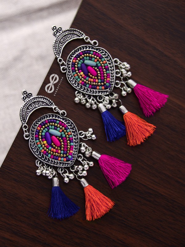 The Elegant Tasseled Statement Makers (Pink-blue Hues) - The Embroidered Oxidised Collection
