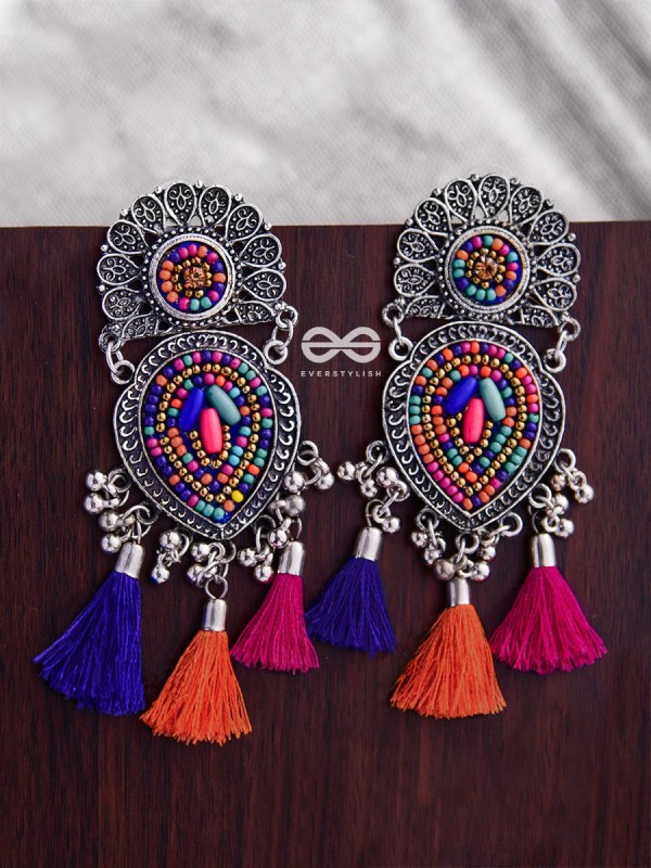 The Layered Tasseled Statement Makers (Pink-blue Hues) - The Embroidered Oxidised Collection