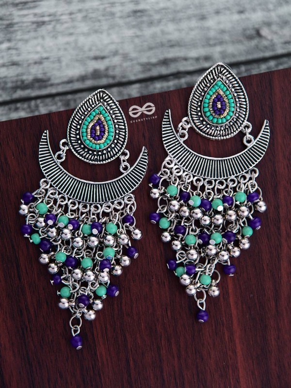 The Droplet Jhaalar Earrings (Blue Hues) - The Embroidered Oxidised Collection 