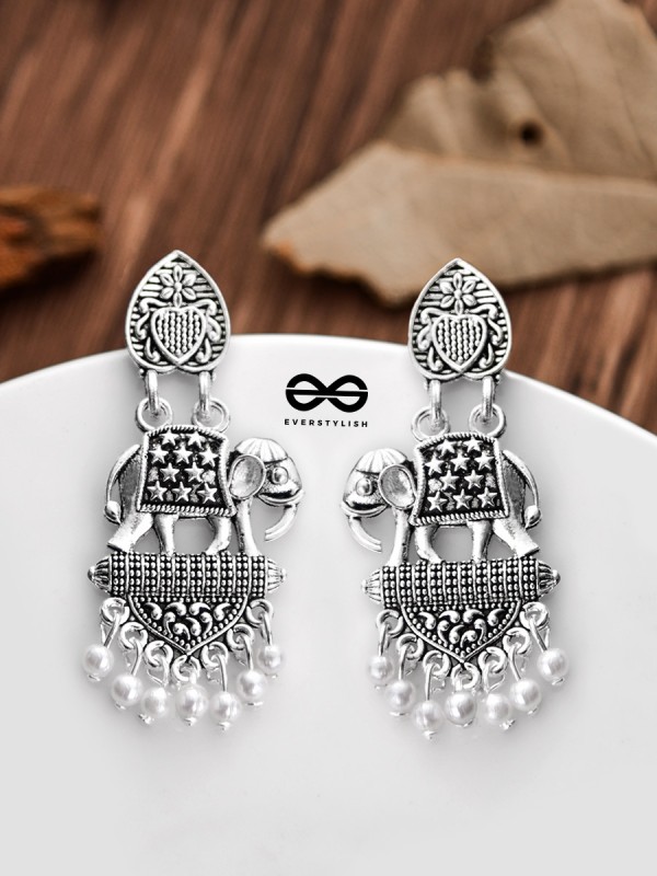 The Little Artistic Pearly Elephants - Oxidised Boho Earrings