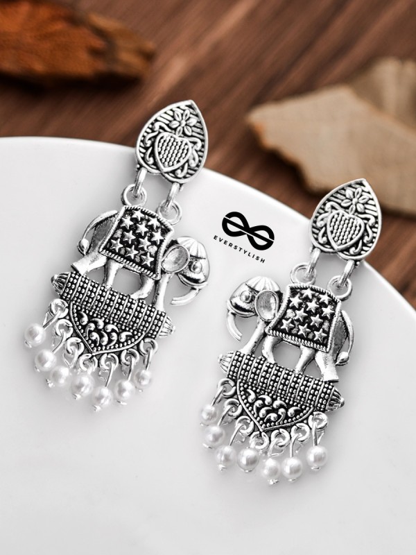 The Little Artistic Pearly Elephants - Oxidised Boho Earrings