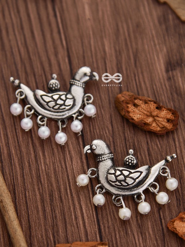 The Dangling Pearl Parrots - Oxidised Boho Earrings