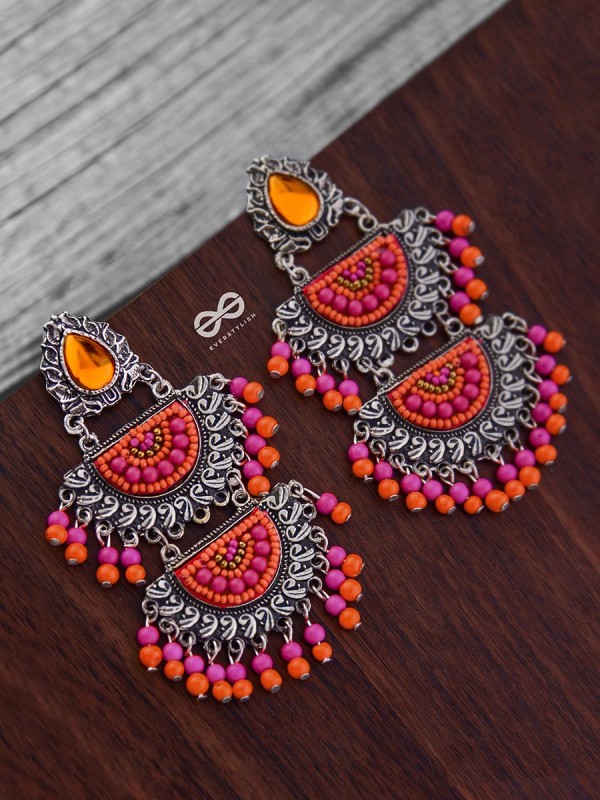The Multilayered Elegance (Orange-Pink) - Embroidered Oxidised Earrings