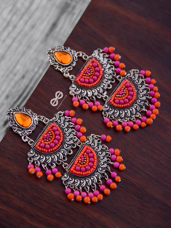 The Multilayered Elegance (Orange-Pink) - Embroidered Oxidised Earrings