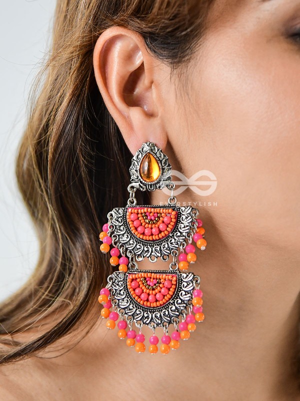 The Multilayered Elegance (Orange-Pink) - Embroidered Oxidised Earrings