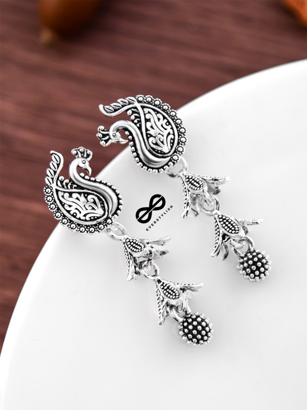 The Double Layered Peacock Jhumkis - Oxidised Boho Earrings