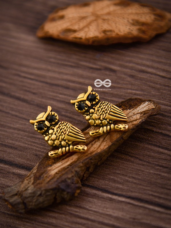 The Owl on a branch Studs (Golden) - Tiny Trinket Earrings