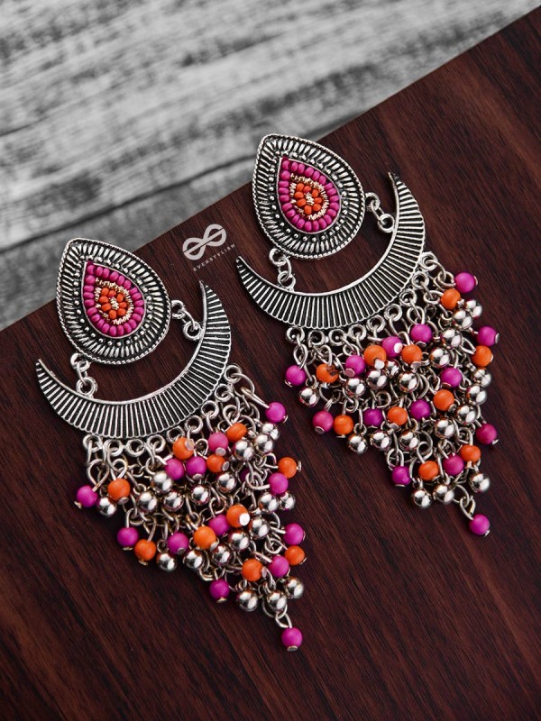The Droplet Jhaalar Earrings (Orange-Pink) - The Embroidered Oxidised Collection