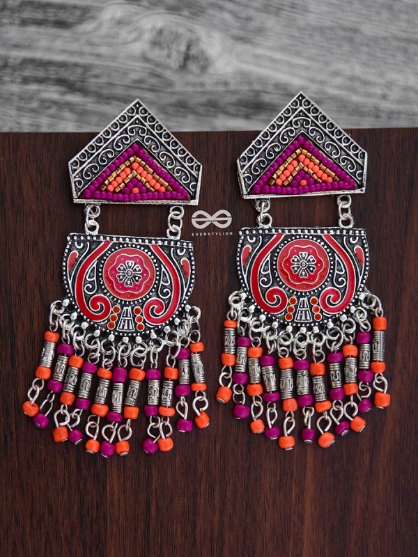 The Multilayered Meenakari Statement Makers (Orange-Pink) - Embroidered Oxidised Collection