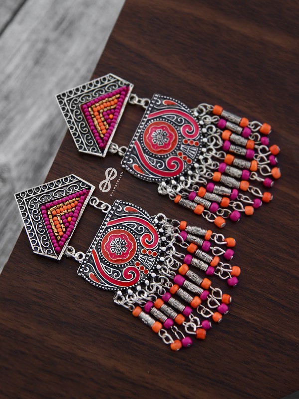 The Multilayered Meenakari Statement Makers (Orange-Pink) - Embroidered Oxidised Collection